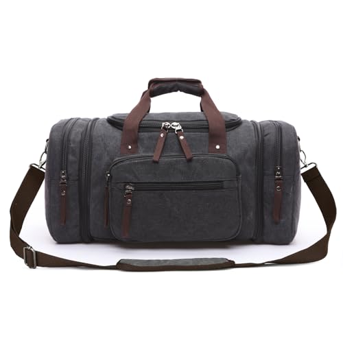 Men's travel bag, large capacity hand carried crossbody luggage bag, canvas cross-border waterproof mountaineering, expandable outdoor sports, 50L weekend overnight bag(black) - color: black