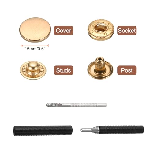 HARFINGTON 25 Set Leather Snap Fasteners Kit 15mm Metal Snap Button Press Studs Leather Rivets Snaps with 3 Setter Tools for Clothes Jackets Jeans Wears Bags, Gold - color: Gold, size: 15mm