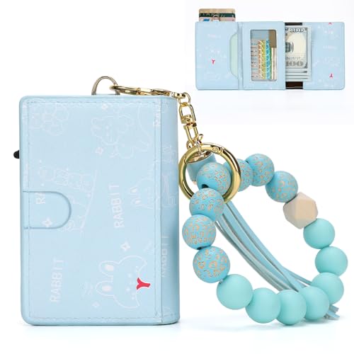 Wallet Women RFID Blocking Credit Card Holder Business Card Case Trifold Slim Wallet Wristlet with Key Chain PU Leather Holds 12 Cards Compact Small Coin Purse - color: Blue