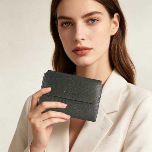 Women's Bifold Wallet, Genuine Leather, Magnetic, ID Window | Holds 10+ Cards, 2 Zip Coin Pockets, Pebbled Cowhide, Snap Closure, Large Capacity, Multiple Colors, Compact 5.5x3.9in - color: B-Dark Olive