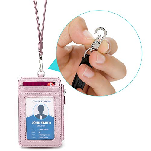 ID Badge Holder with Neck Lanyard PU Leather ID Badge Wallet Case with 1 ID Window, 4 Card Slots, 1 Side Zipper Pocket - color: Rose Gold