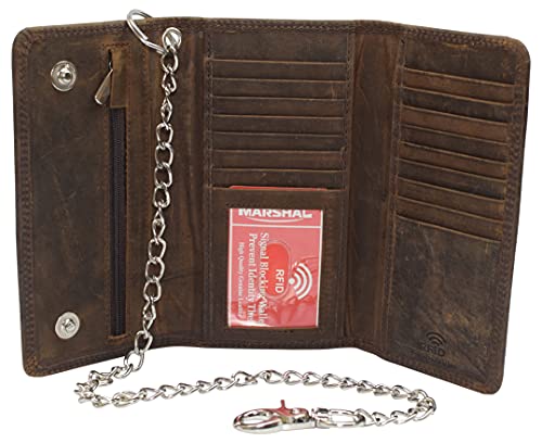 RFID Blocking Mens Tri-fold Long Style Crazy Horse Leather Steel Chain Wallet, (Brown, Silver Chain) - color: Brown, Silver Chain