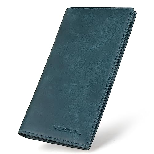 VISOUL Leather Checkbook Cover Wallet for Men with RFID Blocking, Mens Long Bifold Cash Tall Wallet with 11 Credit Card Slots 1 ID Window (Dark Blue) - color: Dark Blue