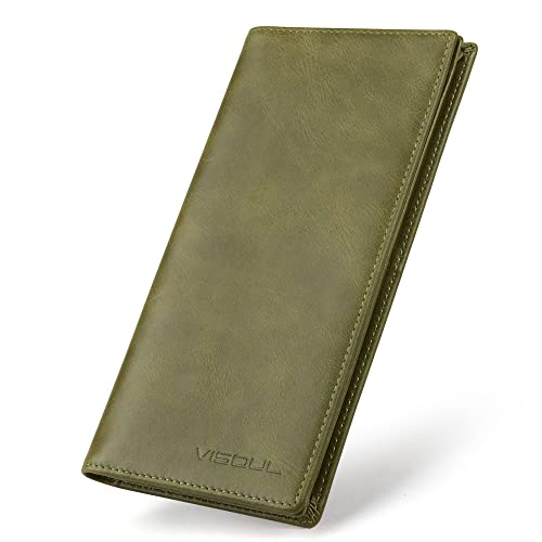VISOUL Leather Checkbook Cover Wallet for Men with RFID Blocking, Mens Long Bifold Cash Tall Wallet with 11 Credit Card Slots 1 ID Window (Olive Green) - color: Olive Green