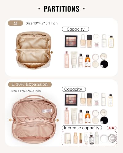 EACHY Travel Makeup Bag for Women, PU Leather Cosmetic Bag, Pink, Large | Water-resistant PU leather exterior with flat-open access, clear TPU brush compartment and organized storage for cosmetics - color: AG-Pink, size: Large