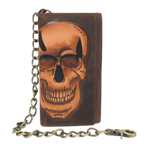 RFID Blocking Mens Tri-fold Long Style Crazy Horse Leather Steel Chain Wallet, (Skull Brown Painted Bright) - color: Skull Brown Painted Bright