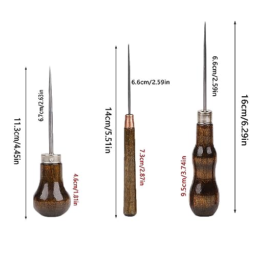 UtySty 3 Pack Scratch Awl Tool with Wooden Handle Gourd Shape Pin Punching for Leather Punch Hole Craft Repair Shoes Sewing Crochet DIY Handmade Stitch