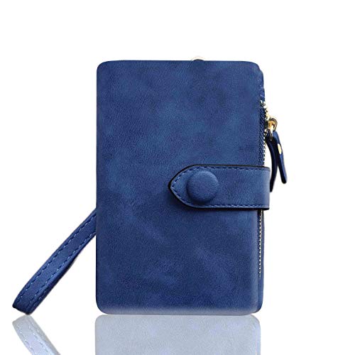 AOXONEL Women's Small Bifold Leather wallet Rfid blocking Ladies Wristlet with Card holder id window Coin Purse - color: Blue