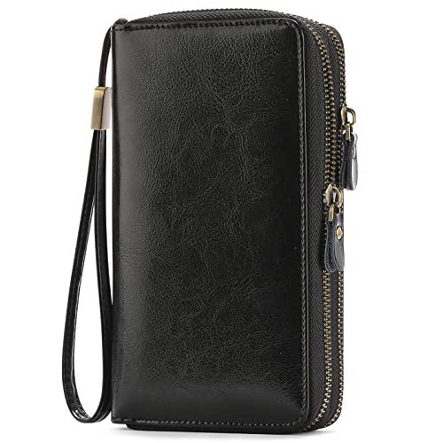 SENDEFN Leather Women Wallet RFID Blocking Zipper Around Phone Holder Clutch Wristlet Large Capacity - color: Elegant Black