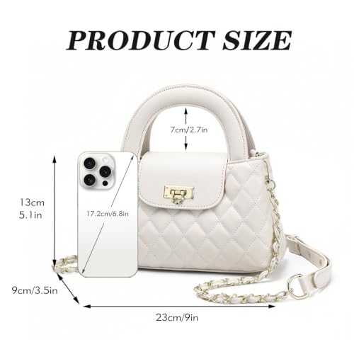 Small Quilted Crossbody Purse for Women, Faux Leather Top Handle Bag with Chain Strap, Elegant Mini Handbag - color: White