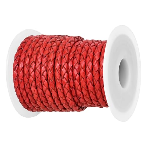 GENIQUE Real/Genuine Round Braided Leather Cord String Rope Folded, Leather Rope for Crafts, Jewelry Making, Necklace, Bracelets (Red Distressed, 3mm) - color: Red Distressed, size: 3mm