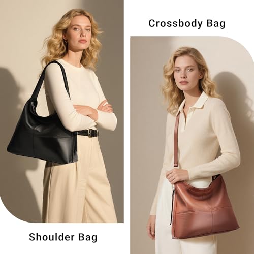 Genuine Leather Hobo Bags for Women Crossbody Purses Work Tote Bag Designer Shoulder Handbags with 2 Straps - color: Black