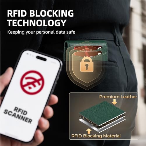 RUNBOX Wallet for Men -Slim Rfid Leather Mens Bifold Novelty Wallets 2 ID Window With Gift Box Men's Accessories - color: EMERALD GREEN
