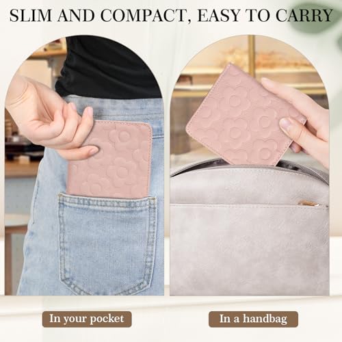 Small Wallet Women Slim RFID Leather Bifold Wallet Embossed Design | Compact design with ID window, card slots, and zipper coin pocket, ideal for daily travel, shopping, and gifts - color: 02-Pink