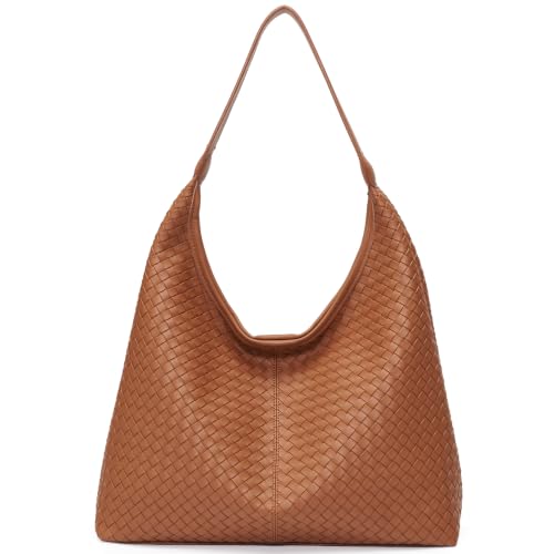 Woven Textured Vegan Leather Hobo Tote Bag Large Slouchy Purse for Women | Trendy work handbag with magnetic closure and interior pockets. Chic aesthetic satchel ideal to carry daily travel essentials - color: Brown