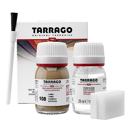 Tarrago Leather Dye Kit with Deglazer and Applicator - Restore & Recolor Shoes, Boots, Purses, Wallets, Jackets, and Furniture - Rich Pigment - 25mL - color: Camel Brown #108