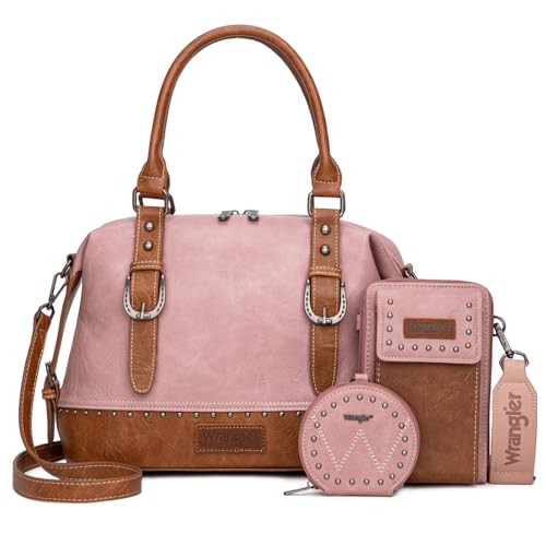 Wrangler 3Pcs Doctor Bag Sets for Women Top-handle Satchel Bag with Cell Phone Handbag and Coin Purse - color: Pink