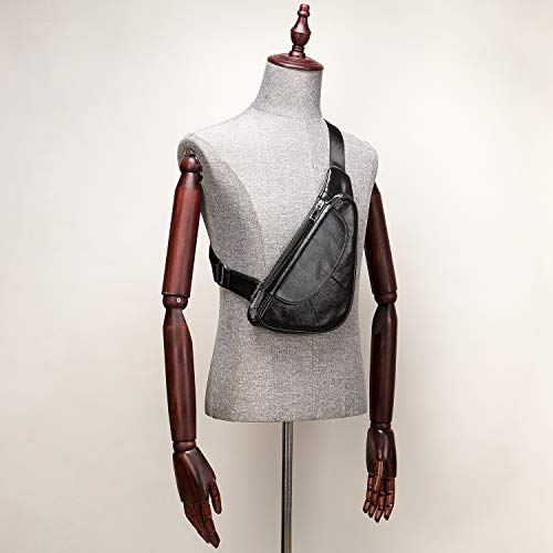 Genuine Leather Mens Sling Bag Triangle Small Women Crossbody Bags Purses Front Chest Day Pack One Shoulder Strap Backpack - color: Black