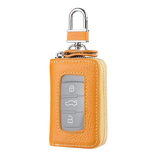 Car Key Fob Case, Remote Keys Storage Bag with Metal Hook & Transparent Window, Waterproof Leather Auto Key Fob Holder Keychain Zipper Bag for Women Men, Car Accessories (Yellow) - color: Yellow