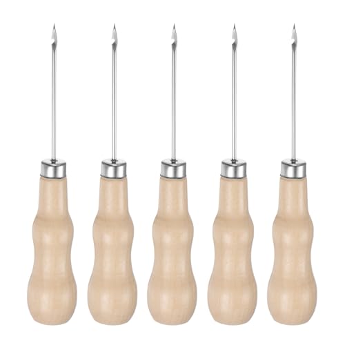 HARFINGTON 5pcs Handwork Sewing Awl Reed Wood Hook Head Awl Leather Punch Hole Tool with Wooden Handle Scratch for Broken Wire Make Mark Drilling Stitching Repair and DIY Handmade, Log Color