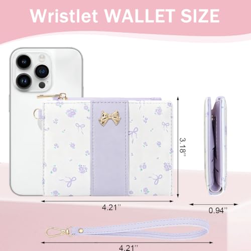 Floral Bow Small Zipper Wallet for Women Girls (BIFOLD-PURPLE) | Bifold Wallet, Zipper Coin Pocket, ID Window, 5 Card Slots, Removable Wrist Strap - color: BIFOLD-PURPLE