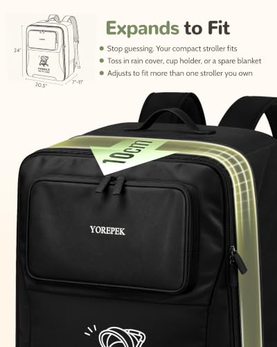 YOREPEK Padded Stroller Bag for Airplane with PU Leather Pocket Design | Expandable Fits Compact Strollers, Gate Check Stroller Bag Backpack with Tracker Pocket for AirTag, Luggage Tag - color: Black