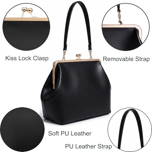 Kiss Lock Frame Handbag, PU Leather Shoulder Tote Bag Messenger Hobo Clutch Purse for Women Formal Work Leisure - color: Pure Coffee