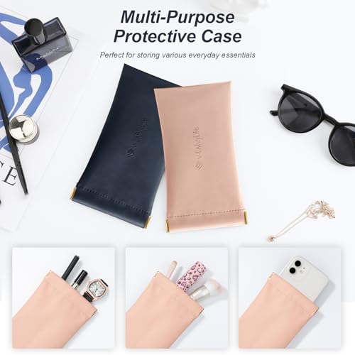 Glasses Case Soft 2 Pack - Portable Leather Squeeze Top Eyeglass Case,Soft Sunglasses Case. - color: Pink/Blue