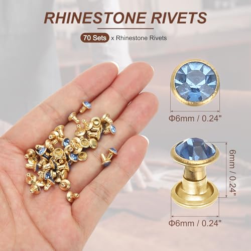 PATIKIL 6mm Leather Rivets, 70 Sets Rhinestone Rivet Studs Double Cap Spikes Rivet for Leather Crafting for Decor Repair DIY Clothing Belts Bags Shoes, Light Blue Gold Tone - color: Light Blue, size: 6mm