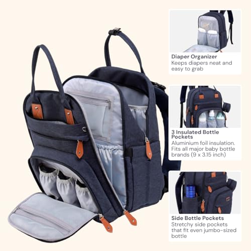 BabbleRoo Diaper Bag Backpack - Baby Essentials Travel Tote - Multi Function Water Resistant Diaper Bag, Travel Essentials Baby Bag with Changing Pad, Stroller Straps & Pacifier Case - Navy Blue - color: Navy Blue, size: Large