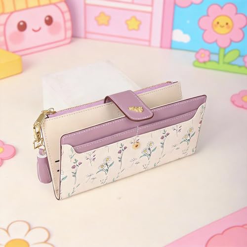 Womens Slim Bifold Wallet RFID Blocking PU Leather Floral(Purple) | Zipper Pocket, Card Holder, Tassel Accent, Long Ladies Style, RFID Blocking - color: Purple