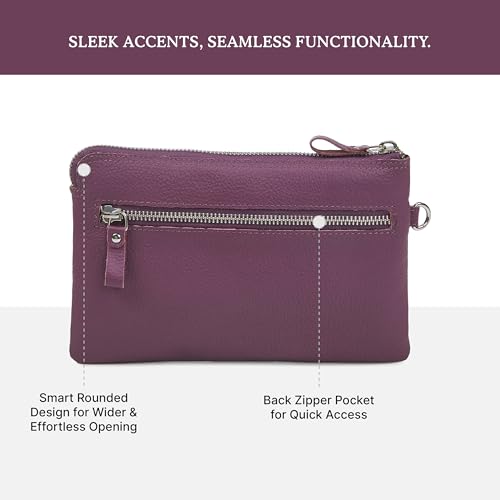 Leather Wristlet Wallet for Women Clutch Handbag Purse with Cell Phone Slot | Genuine Top Grain Leather, 8 Credit Card Slots, Detachable Strap, YKK Zipper, Gifts for Women - color: Amethyst Nappa