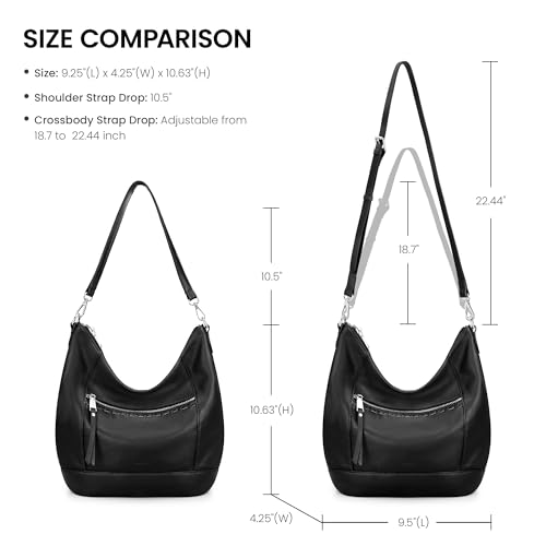 befen Genuine Leather Crossbody Hobo Purse for Women Soft Lightweight Leather Handbags with 2 Removable Straps - color: Black