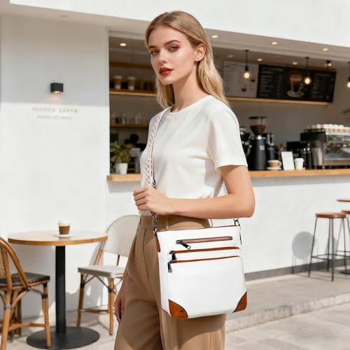 TANTOMI Crossbody Bag for Women PU Leather Travel Purse | Trendy Women's Shoulder Handbags, Comfort Adjustable Wide Strap, Water-Resistant, Multi Pockets for Daily Use & Travel - color: White/Light Brown