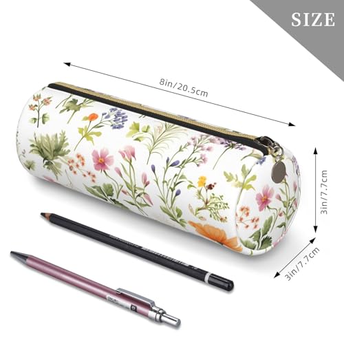 OSAM SPACE Leather Pencil Case Round Pencil Bag Flowers Plant Art Pen Organizer Holder Portable Zipper Pouch Cute School Supplies for Girls Boys Study Office - color: Flowers Plant Art