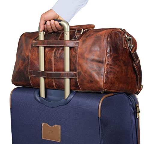 Genuine Full Grain Leather Carry On Travel Bag 21x11x10 with Trolley Straps, Shoe Compartment, Shoulder Strap by De Lira - Heritage Brown - color: Heritage Brown