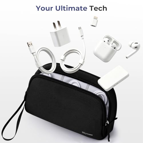 Skycase Travel Cable Organizer - Lightweight Water Resistant Dual-Layer Tech Pouch with Wrist Strap 9 Compartments Electronic Organizer Travel Case for Charger Cord Hard Drive,Medium,Black - color: Black, size: M