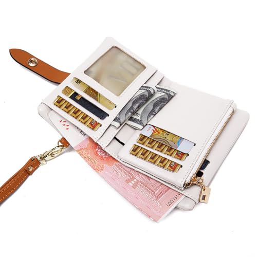 TPKUENL Wallets for Women Small Bifold Rfid Leather Zipper Coin Pocket Wrist Strap(White) - color: White
