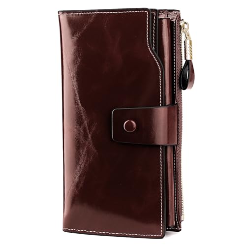 YALUXE Women's RFID Real Leather Wallet with 21 Card Slots Phone Pocket - color: 6- Waxed Coffee, size: Genuine Leather