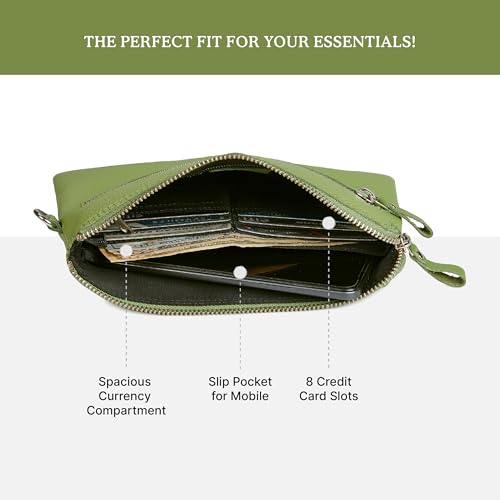 Leather Wristlet Wallet for Women Clutch Handbag Purse with Cell Phone Slot | Genuine Top Grain Leather, 8 Credit Card Slots, Detachable Strap, YKK Zipper, Gifts for Women - color: Sage Nappa