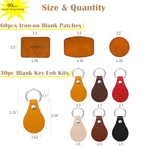 90 Pcs Lasable Engravable Blanks - Leatherette Iron on Hat Patches & PU Leather Key Fob Kit for DIY Custom Laser Engraving Craft Gifts - color: Khaki Patches & Colorful Keychains, size: 90 pcs