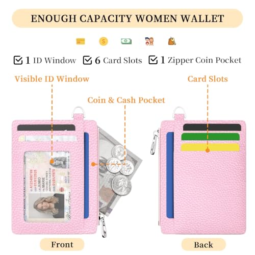 Hancynir Minimalist Slim Wallet Women Credit Card Holder, RFID Small Cute | Zipper Pocket Wallet, Thin Travel Coin Purse, Ladies Women Gifts, Key Chain Card Case, 6 Card Slots, ID Window, PU Leather - color: 01-Lichee PK Bling Wallet
