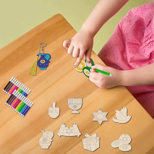 Cinrobiye 24 Set Hanukkah Craft Kits Chanukah Keychains Kits Festival of Light Party Favors DIY Jewish Wooden Paint Keychains Gifts for Christmas Holiday Sunday School Classroom Home Activity Supplies - style: Hanukkah