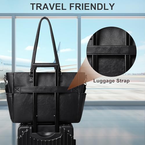 15.6 Inch Laptop Tote Bag for Women Large Leather Shoulder Bag Handbags Purses with Detachable Shoulder Strap - color: Black