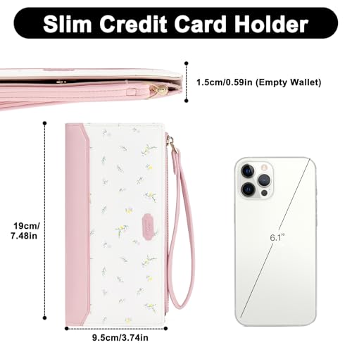 Womens Wallet Ultra Slim Floral Long Bifold Wallet for Women Card Holder with Zipper Pocket - color: C03 Pink