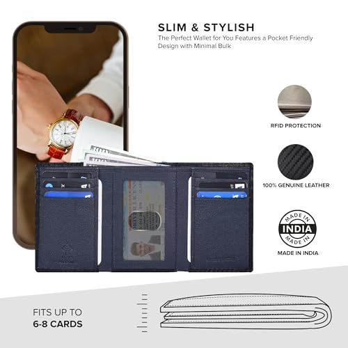 Trifold Leather Wallet for Men - RFID Slim Minimalist Front Pocket 6 Slots - color: Black Carbon/Navy