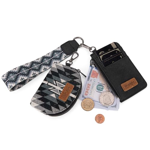 Wrangler Western Aztec Keychain Wristlet Wallets for Women Dual Pouch Wristlet Portable Credit Card Holder Wallet with Zipper Pocket WG2213-W0051BK - color: Angel Aztec Black