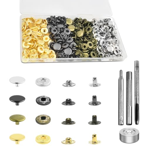100 Sets Leather Snap Fasteners Kit, 10mm Snaps Button, Metal Snap Buttons Press Studs with 4 Install Tools 4 Colors for Leather Bag Clothes Jackets Jeans Wears Bracelets Fashion DIY Sewing - color: 10mm Cap Dia.Assorted + Tools 100sets