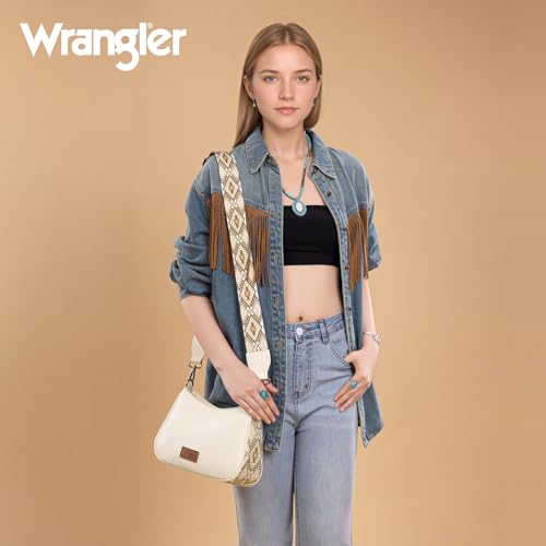 Wrangler Shoulder Bag for Women Western Small Purse Hobo Handbag | Aztec, Underarm Bag, 2 Detachable Straps, Secure Zipper Closure, Back Pocket, Crossbody Bag for dates, travel and everyday - color: Beige