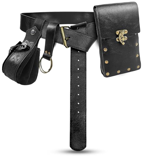 Renaissance Belt Pouch Waist Bag Steampunk Pouch Medieval Leather Belt Skirt Hikes Set, Retro Renaissance Accessories for LARP Cosplay Costume Christmas Gifts (2Pouch-Black) - color: 2Pouch-Black